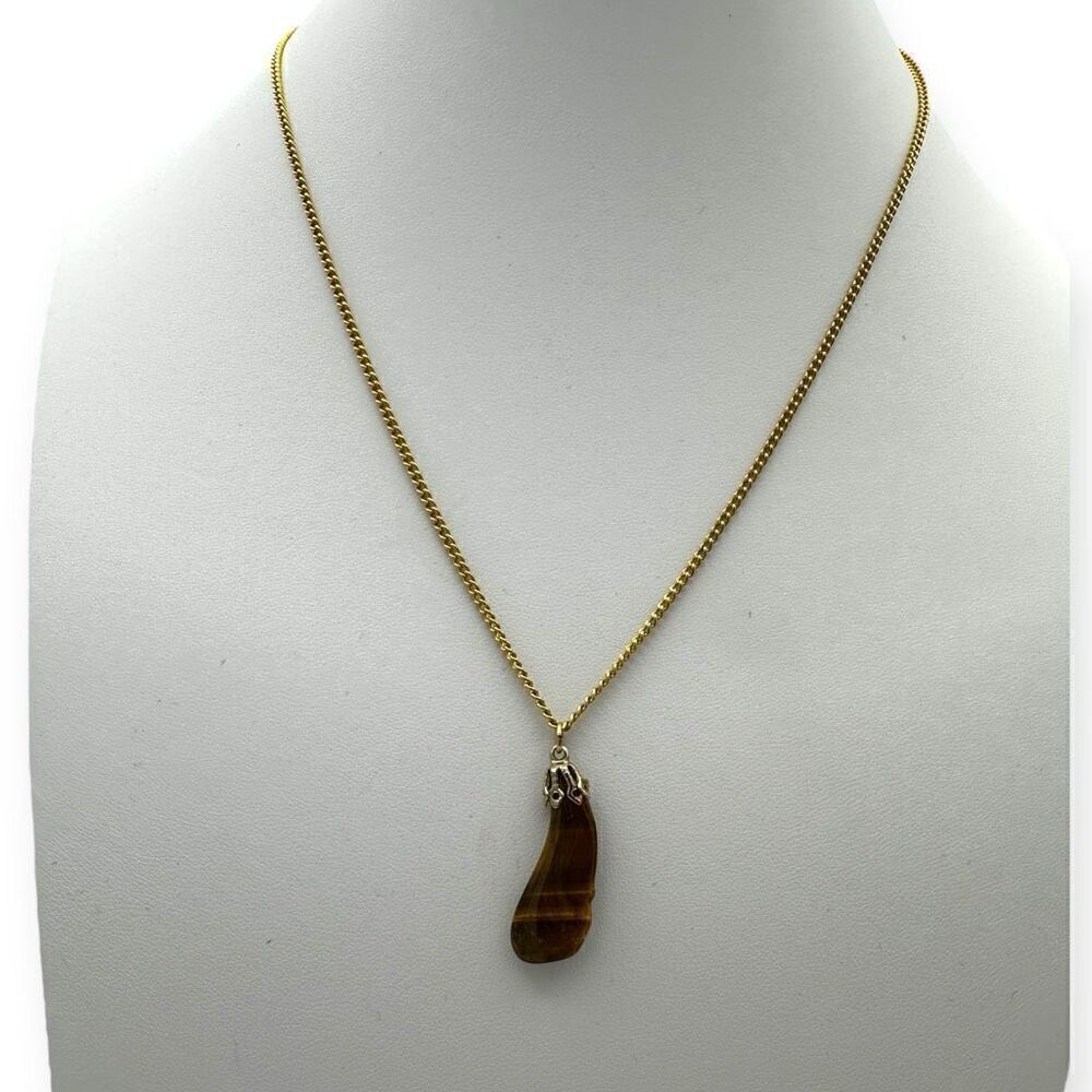 Handmade brown polished stone pendant necklace on a gold chain approx 18 inches